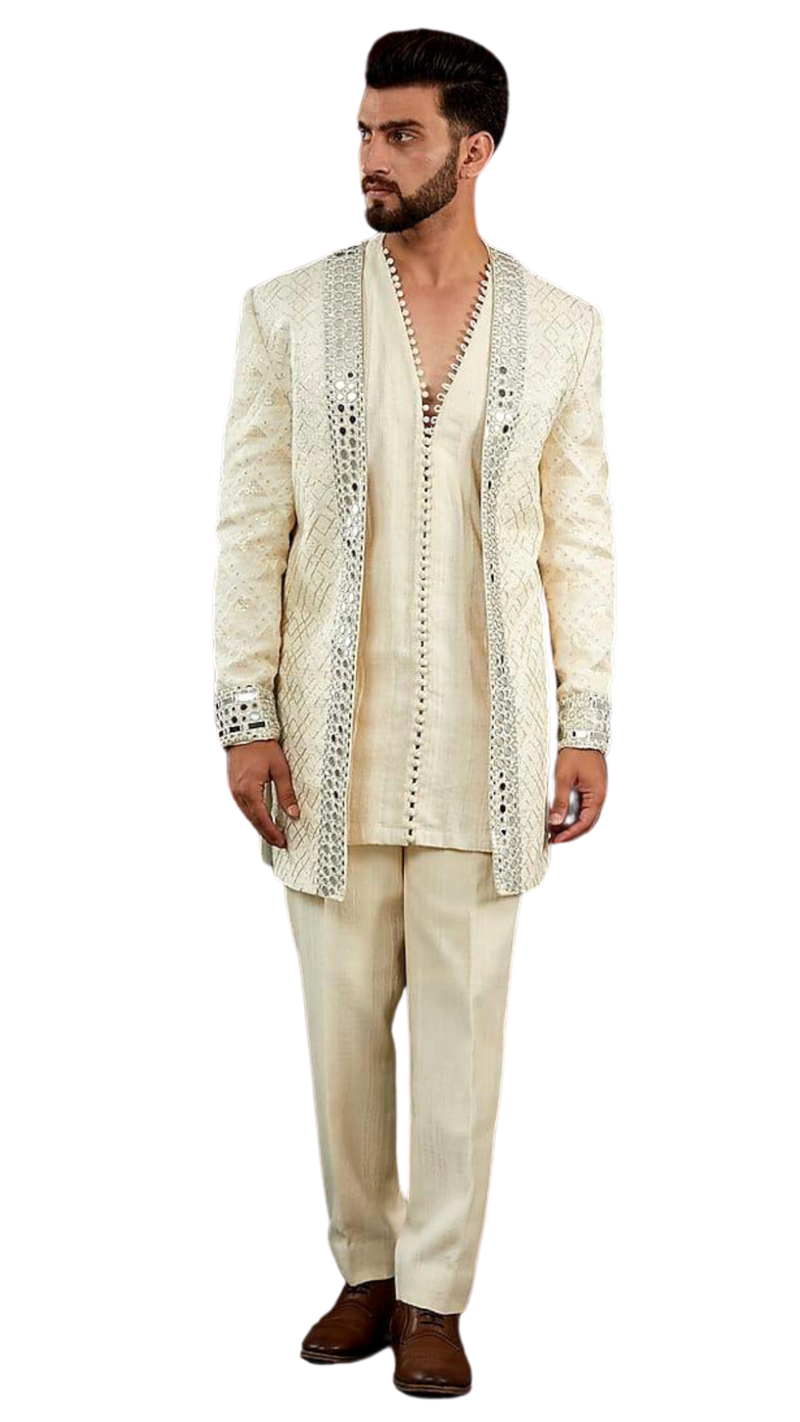 Men's Ivory Mirrored Open Jacket Set