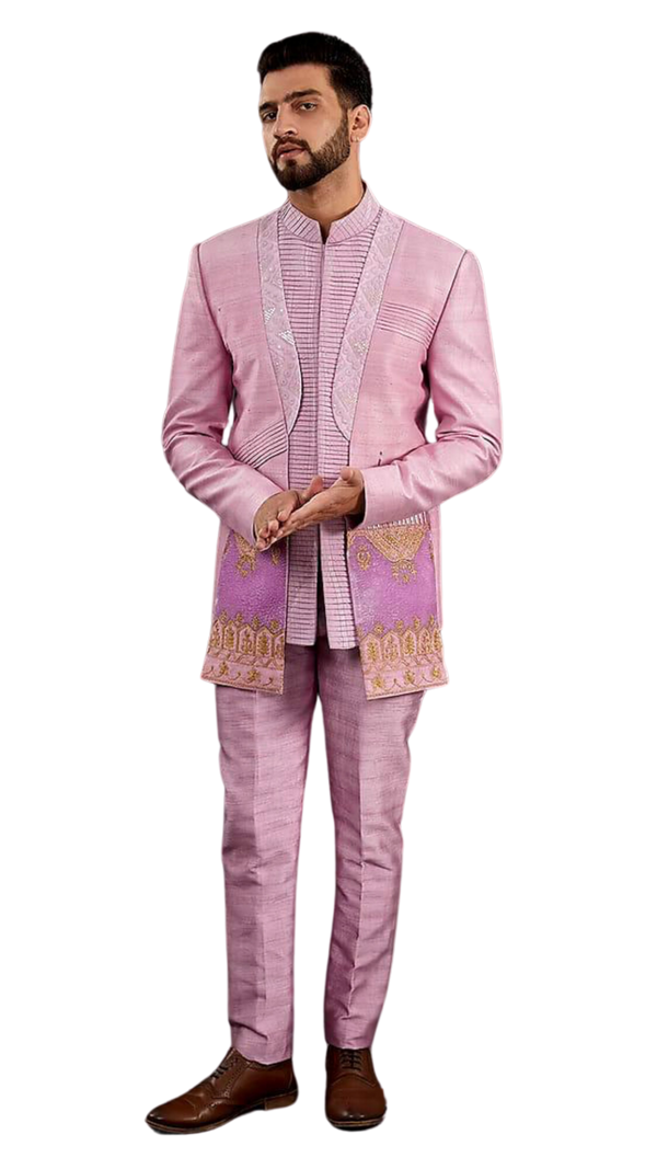 Men's Pinkish Raw Silk Beaded Sherwani