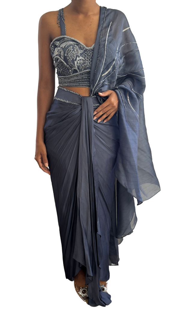 Smoky Blue Sari with Silver Blend Beading