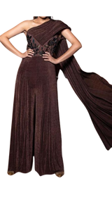 Chocolate Embellished Draped Cape Jumpsuit