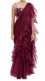 Maroon Ruffle Draped Sari Set