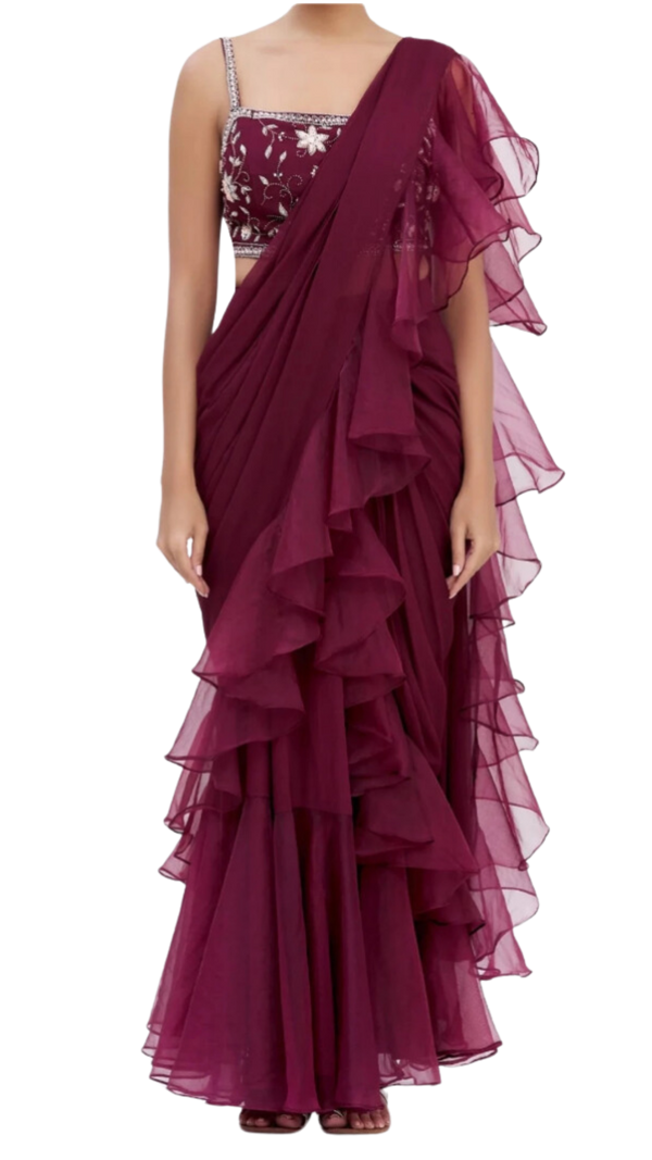 Maroon Ruffle Draped Sari Set