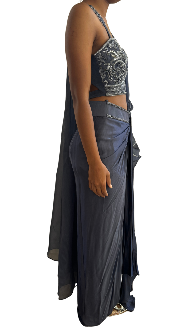 Smoky Blue Sari with Silver Blend Beading