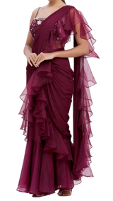 Maroon Ruffle Draped Sari Set