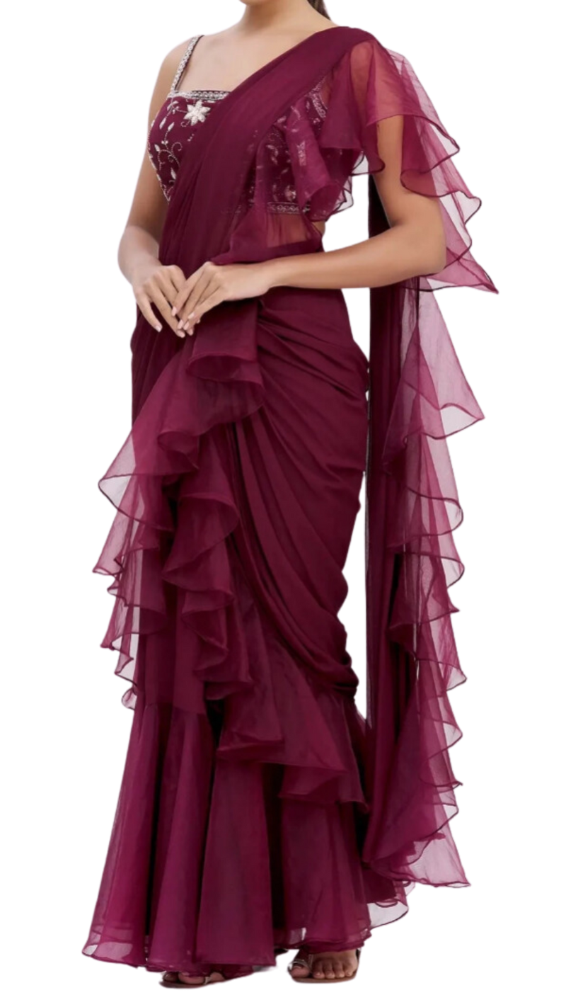 Maroon Ruffle Draped Sari Set