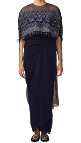 Navy Blue Embroidered Cape with Dhoti Skirt