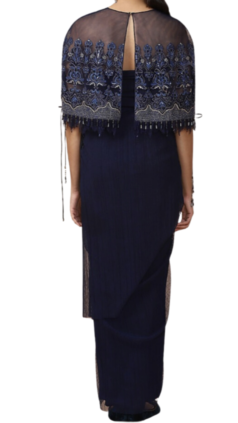 Navy Blue Embroidered Cape with Dhoti Skirt