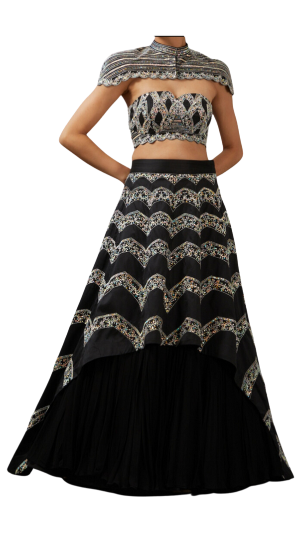 Opaque & Black Embellished Cape Lehenga