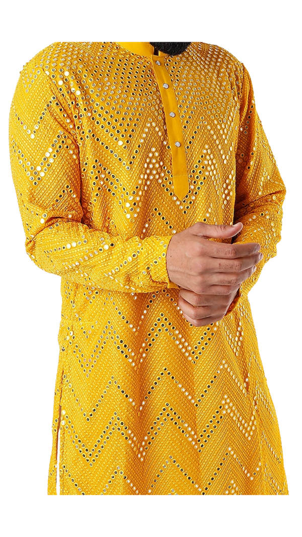 Mens Deep Yellow Kurta with Mirrored Embroidery