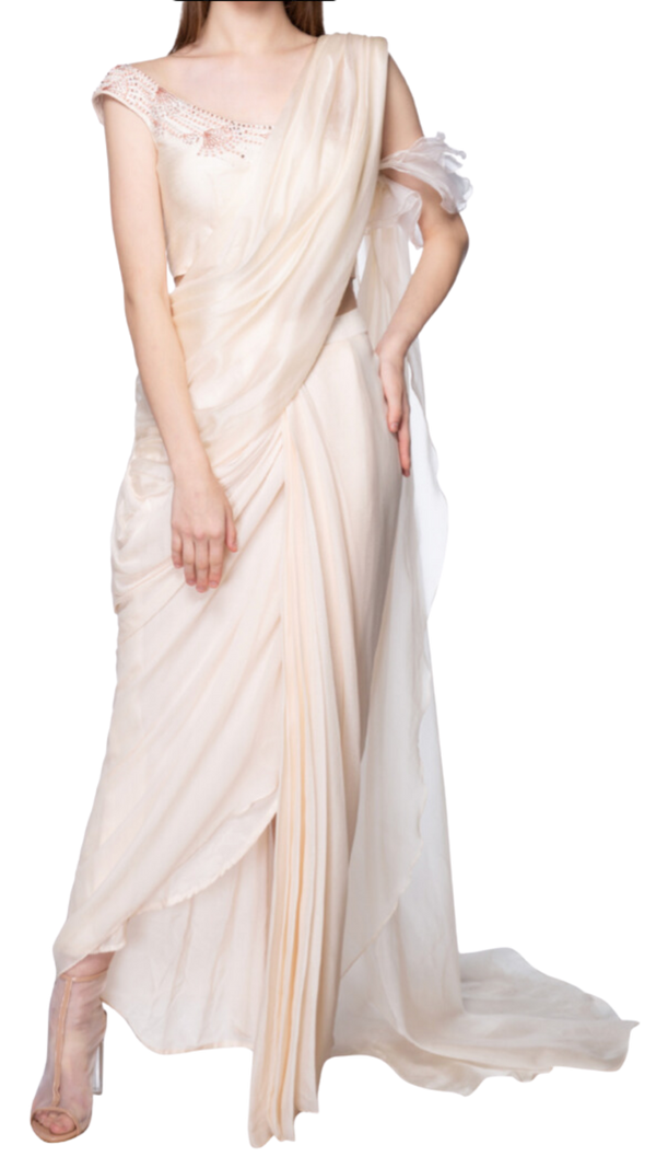 Organza Pre-Draped Cream Sari