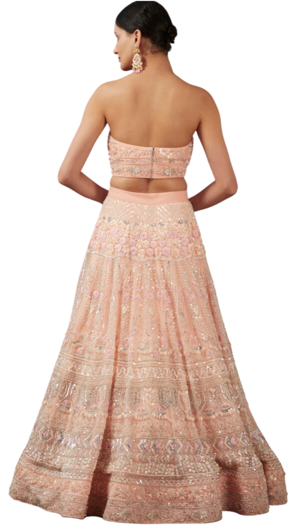 Peach Net Fully Beaded Floral Embellished Lehenga