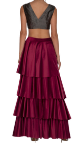 Pewter Embellished Crop Top With Velvet Tiered Lehenga