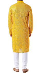 Mens Deep Yellow Kurta with Mirrored Embroidery