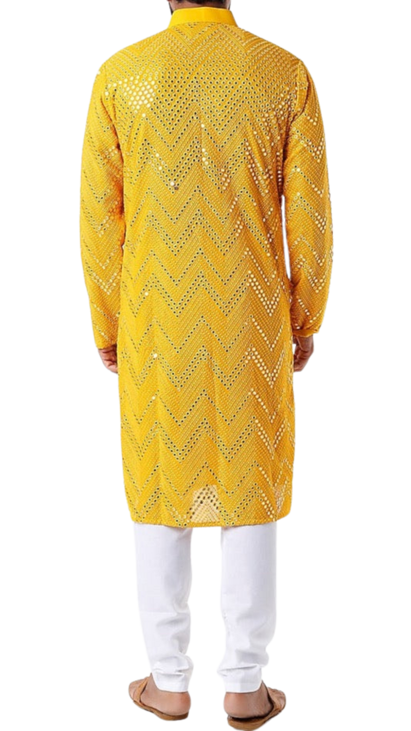 Mens Deep Yellow Kurta with Mirrored Embroidery