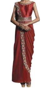 Red Raw Silk Embroidered Pre-Draped Sari