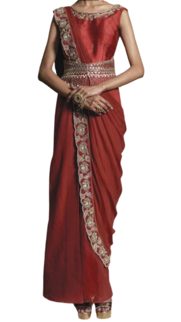 Red Raw Silk Embroidered Pre-Draped Sari