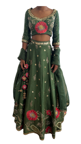 Dark Green Floral & Gold Embellished Lehenga