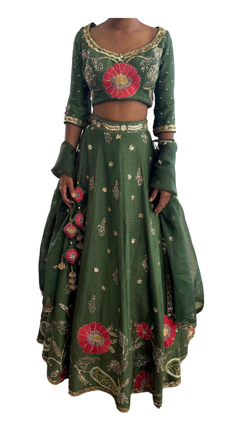 Dark Green Floral & Gold Embellished Lehenga