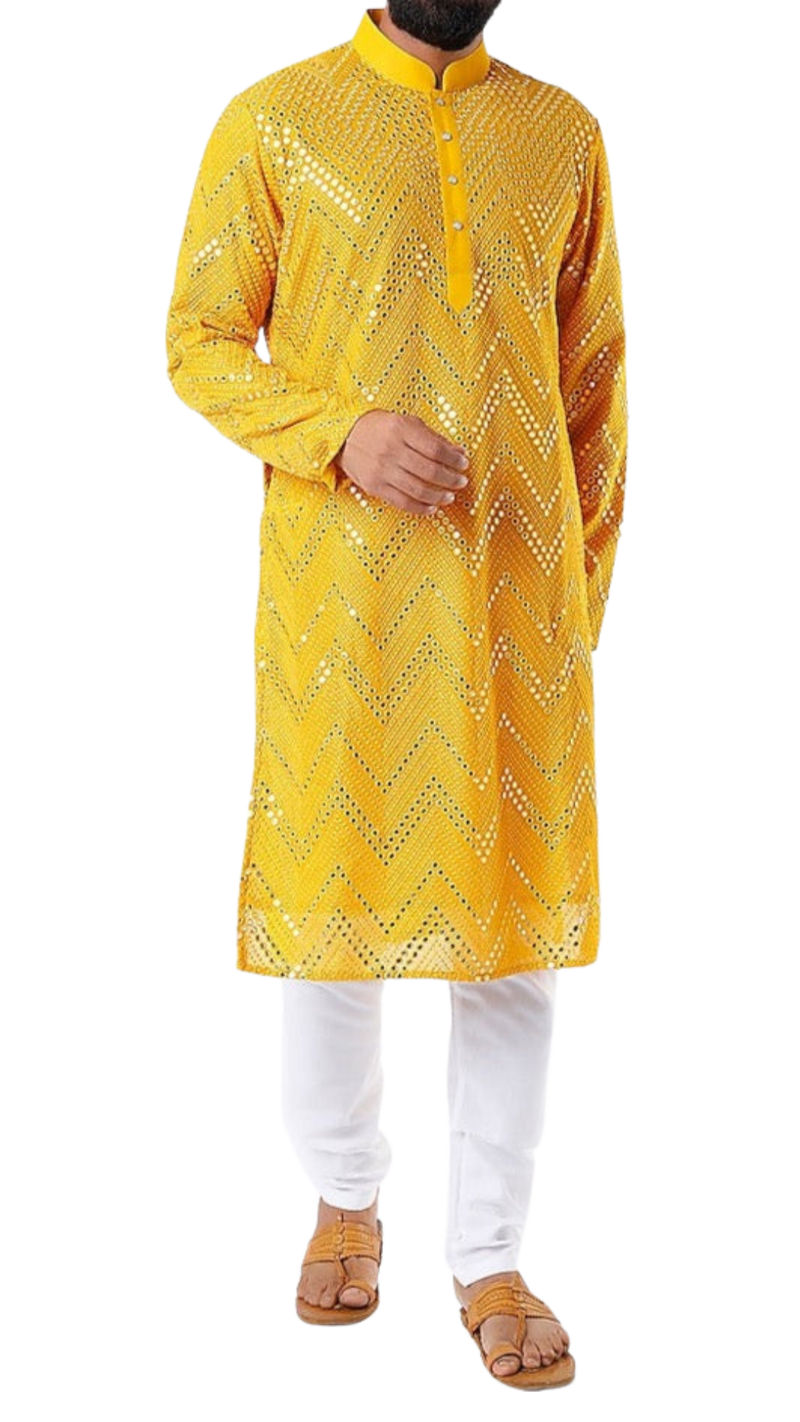 Mens Deep Yellow Kurta with Mirrored Embroidery