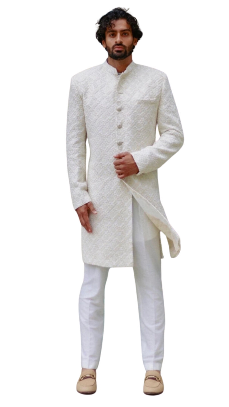 Mens Ivory Lakhnavi Sherwani Set