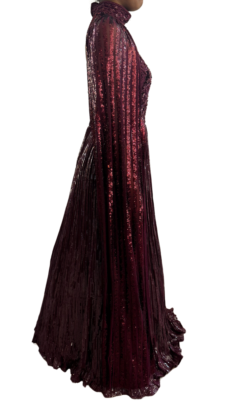 Maroon Fully Sequined & Beaded Cape  Gown