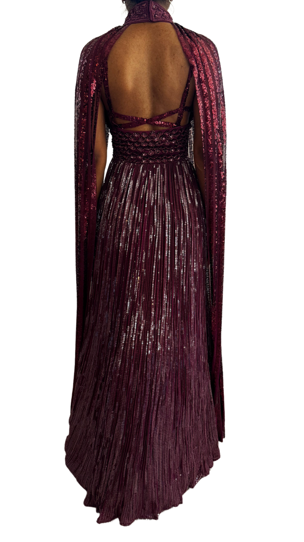 Maroon Fully Sequined & Beaded Cape  Gown