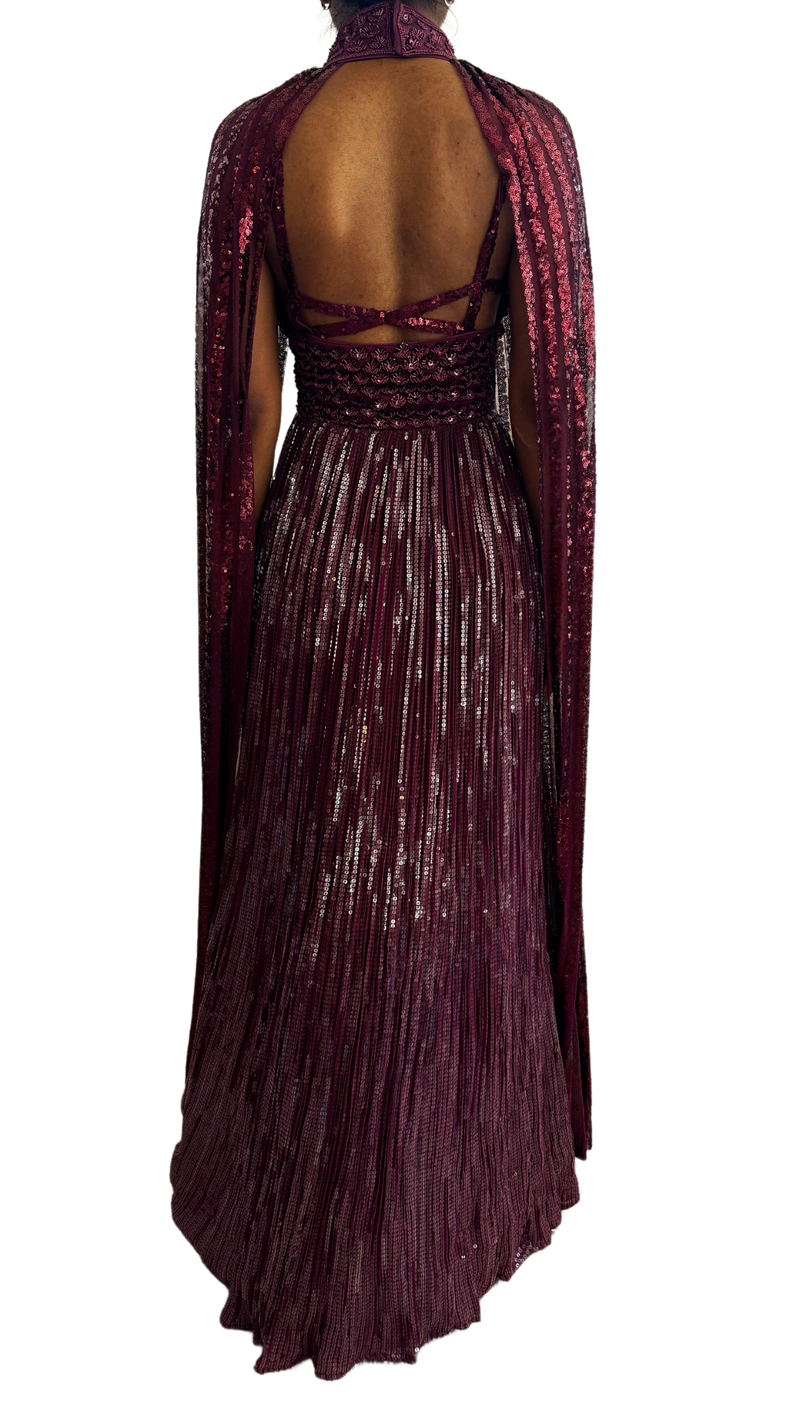 Maroon Fully Sequined & Beaded Cape  Gown