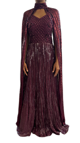 Maroon Fully Sequined & Beaded Cape  Gown