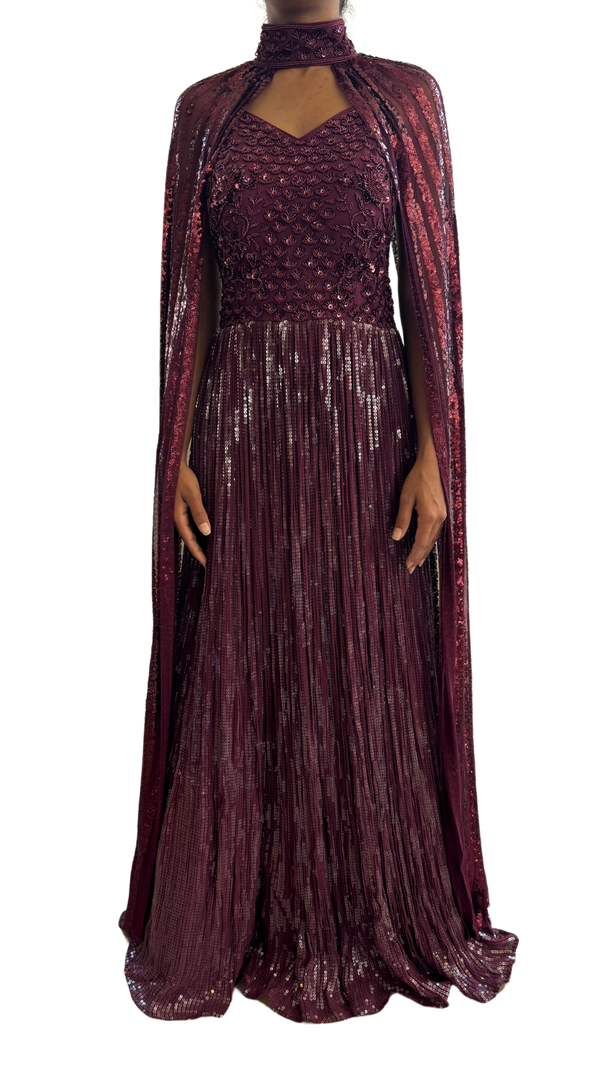 Maroon Fully Sequined & Beaded Cape  Gown