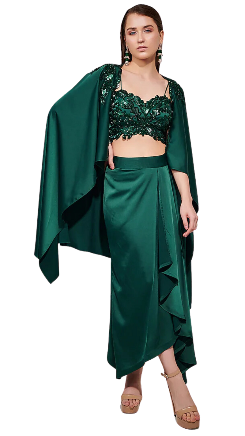 Emerald Green Embellished Draped Skirt Set