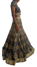 Charcoal & Gold Heavily Mirrored Lehenga