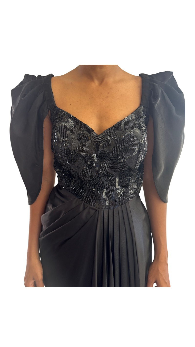 Black Beaded Puff Sleeve Draped Gown