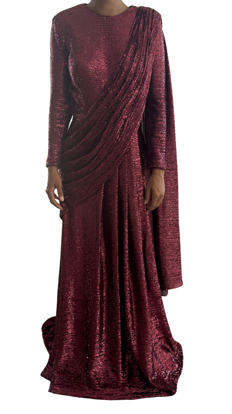 Deep Red Shimmering Sequined Sari Gown