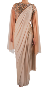 Peach and Grey Embellished Pre-Draped Cape Sari - Preserve