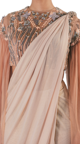 Peach and Grey Embellished Pre-Draped Cape Sari - Preserve