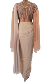 Peach and Grey Embellished Pre-Draped Cape Sari - Preserve