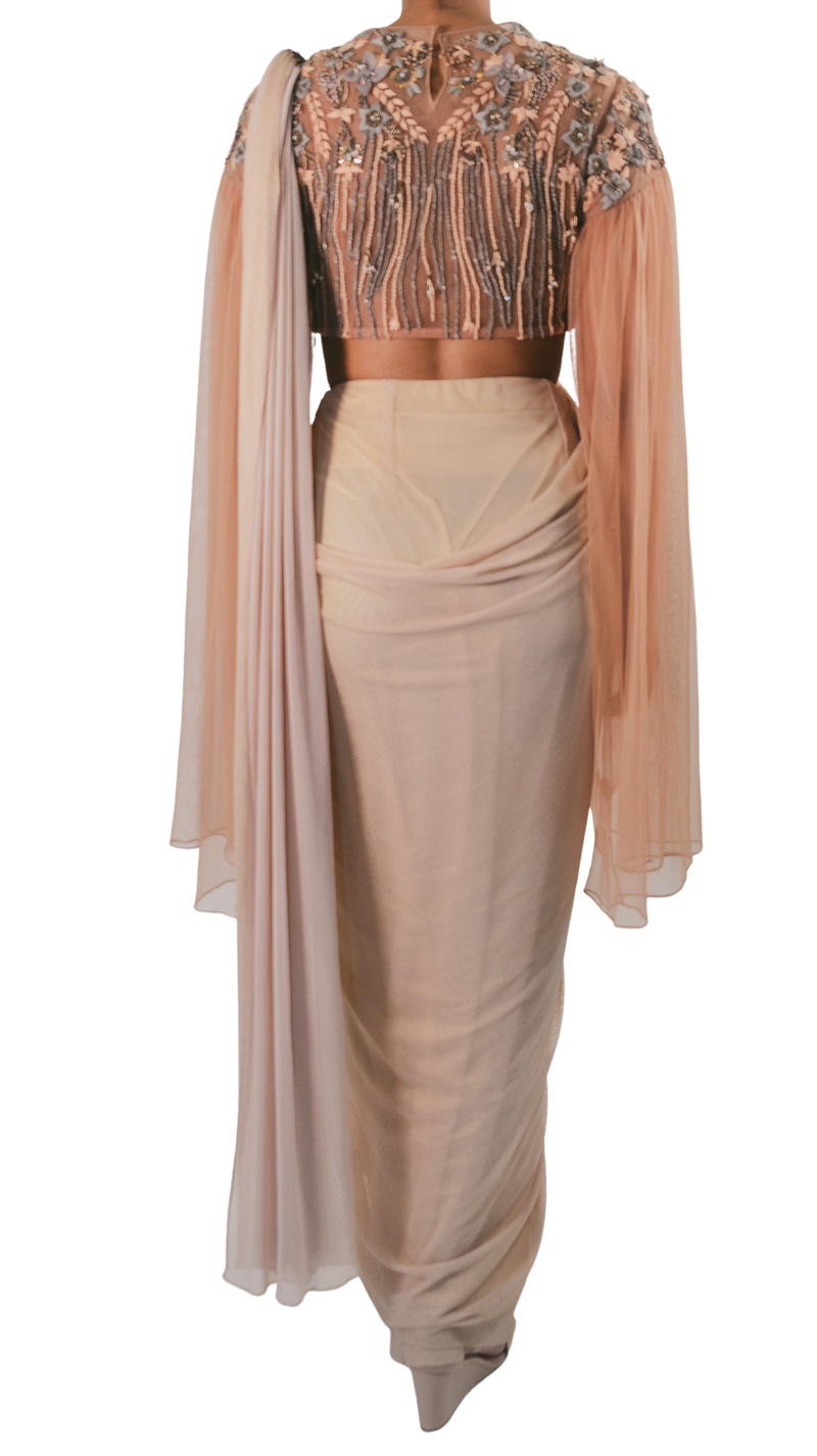 Peach and Grey Embellished Pre-Draped Cape Sari - Preserve