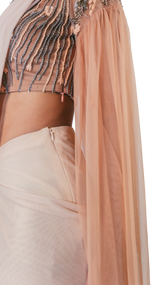 Peach and Grey Embellished Pre-Draped Cape Sari - Preserve