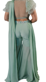 Mint Green Pleated Pant Sari with Ruffle Blouse - Preserve