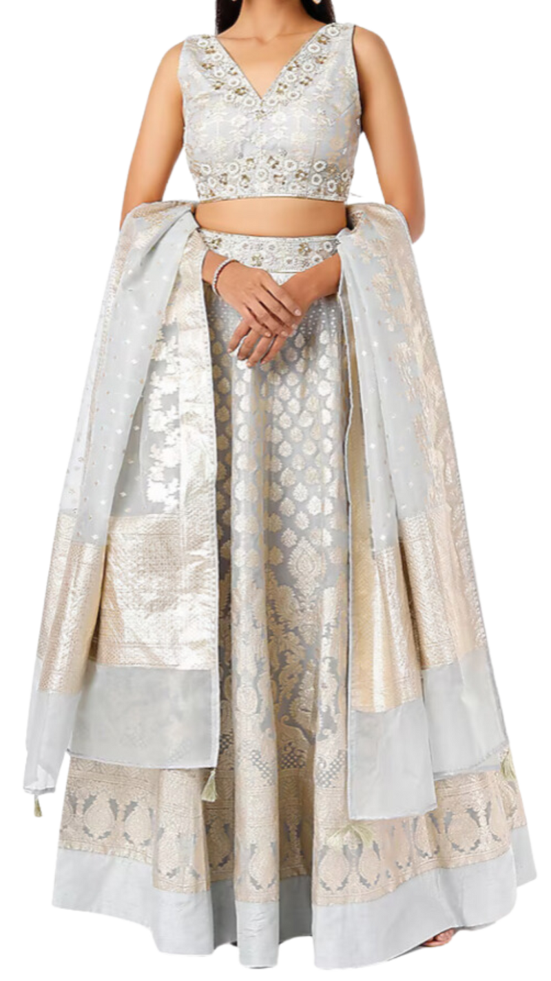 Powder Blue & Gold Georgette Lehenga