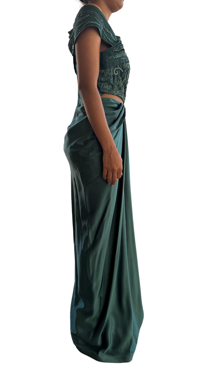 Emerald Green Embellished Draped Gown