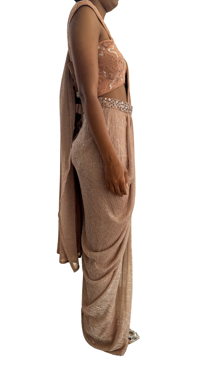 Shimmering Pink Champagne Belted Sari