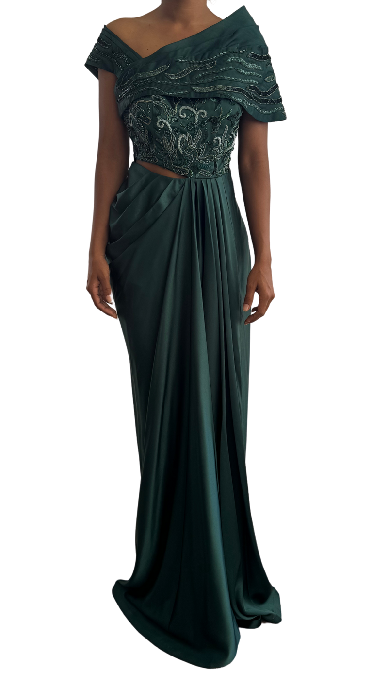 Emerald Green Embellished Draped Gown