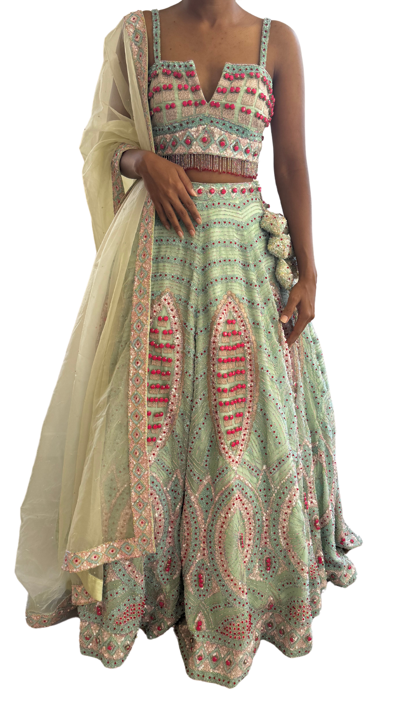 Candy Blue and Pink Heavily Beaded Lehenga