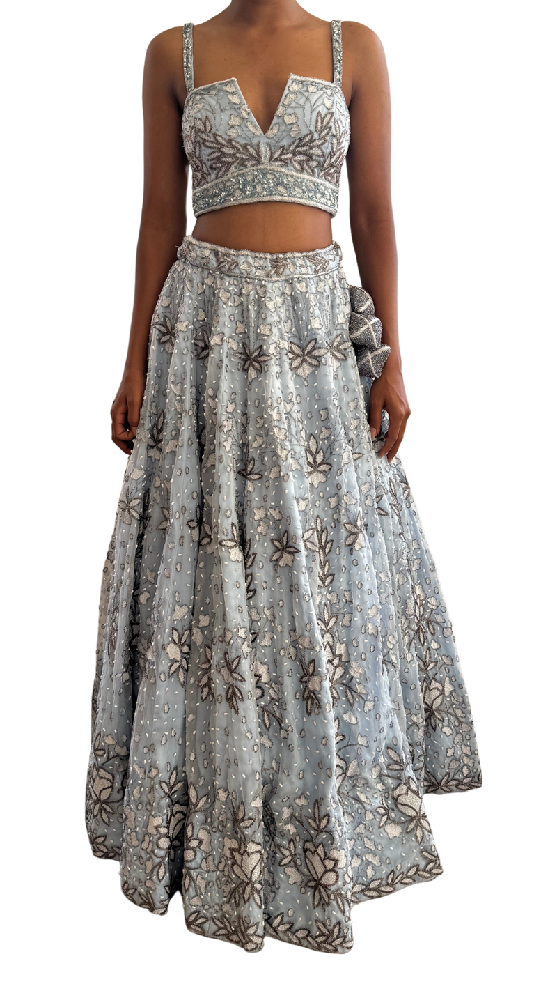 Baby Blue Lotus Motif Fully Beaded Lehenga