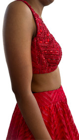 Crimson Red Feathered and Sequined Lehenga