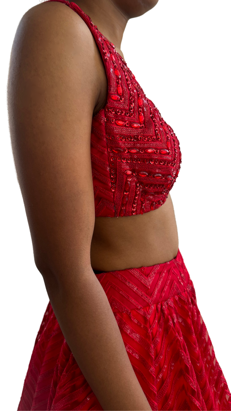 Crimson Red Feathered and Sequined Lehenga