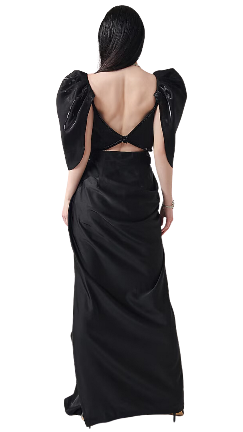 Black Beaded Puff Sleeve Draped Gown