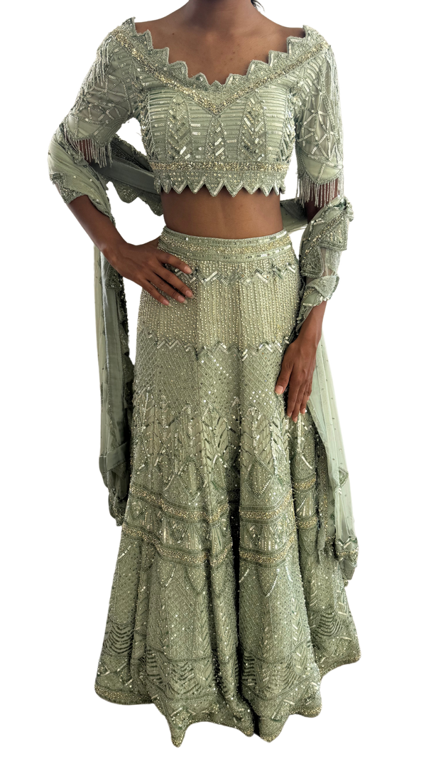 Mint Fully Beaded Art Deco Decadent Embellished Lehenga