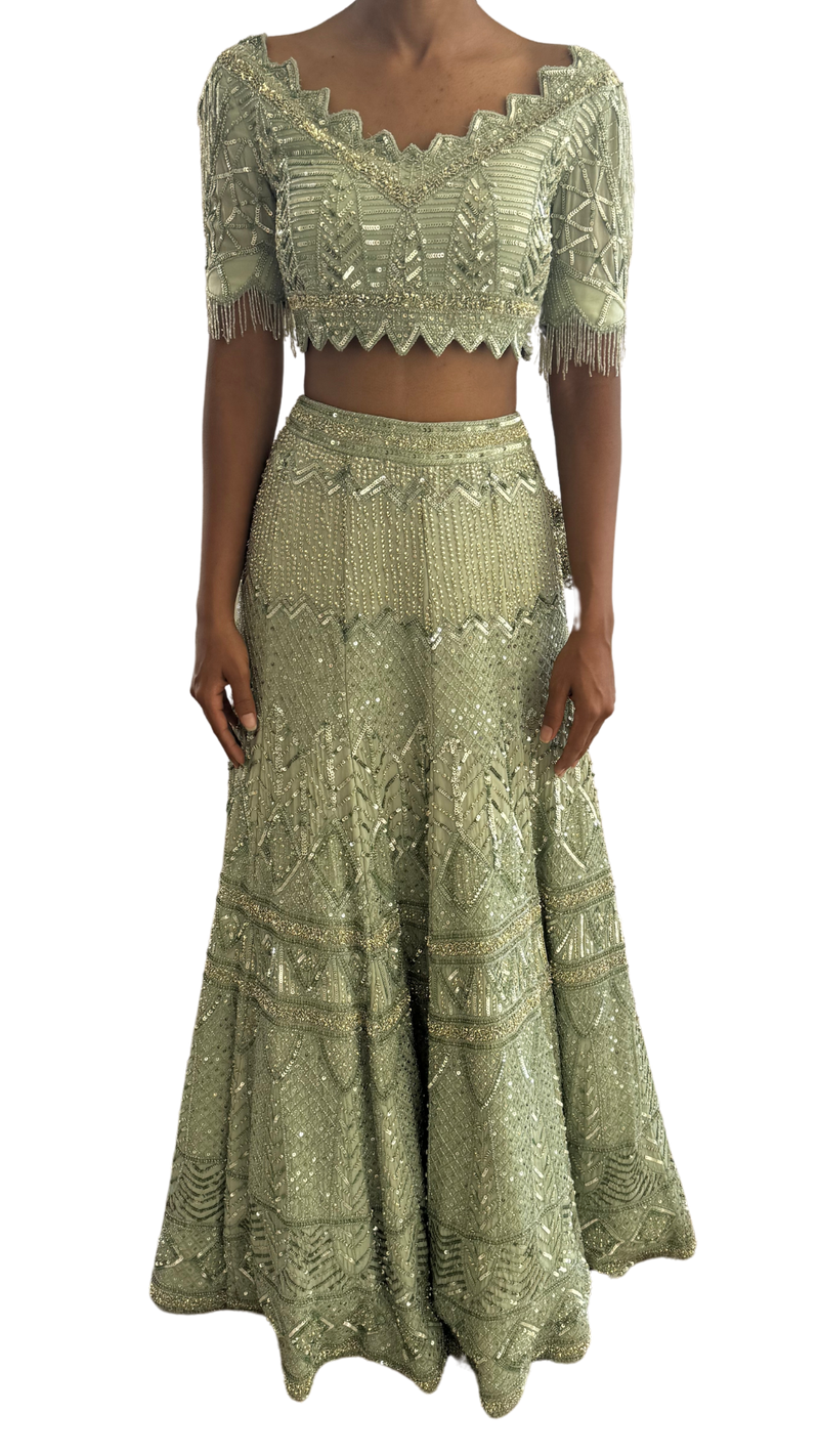 Mint Fully Beaded Art Deco Decadent Embellished Lehenga